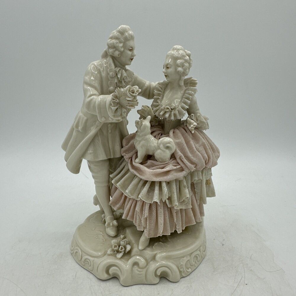 Vintage Dresden Figurine Lace Man Women Dog Courtship Victorian
